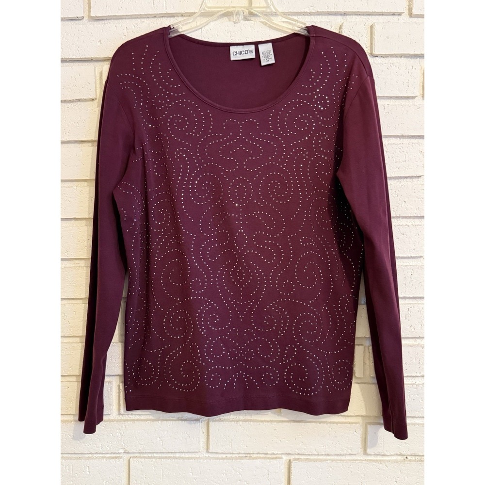 Chicos 1  Beaded Front Long Sleeve Knit Shirt Burgundy Size Med/8‎